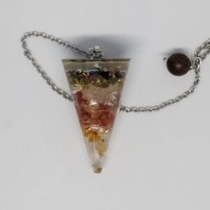 Pendule Orgonite : Cornaline, Cristal de roche, Quartz rose, Péridot, Tourmaline noire